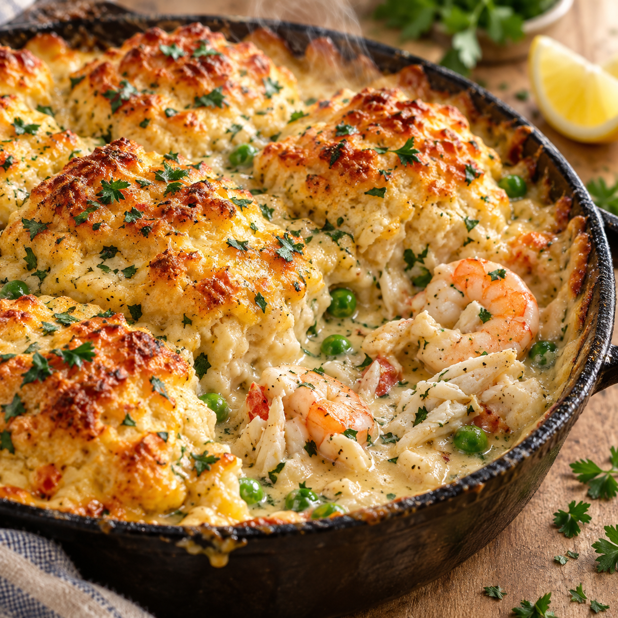 Baked seafood pie with golden cheddar biscuits, shrimp, crab, and garlic butter