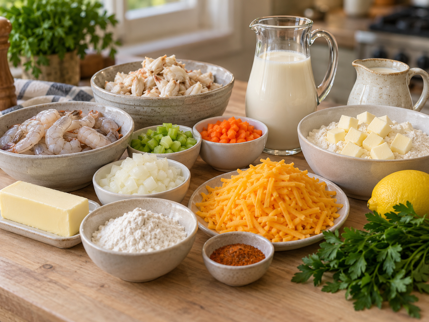 Raw shrimp, crab, vegetables, cheddar, and biscuit ingredients arranged on a counter