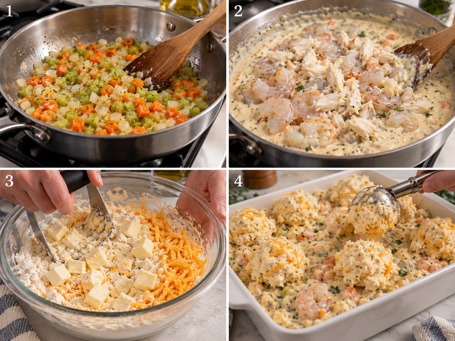 Four steps of making seafood pie from sauteing vegetables to topping with biscuit dough