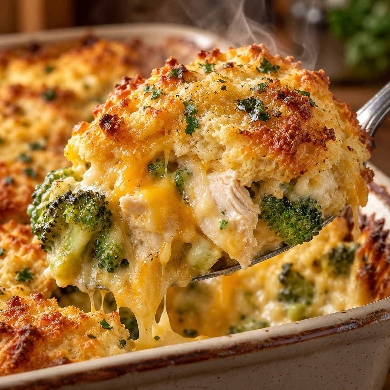 Cheddar bay chicken and broccoli bake with golden garlic cheddar biscuits on top