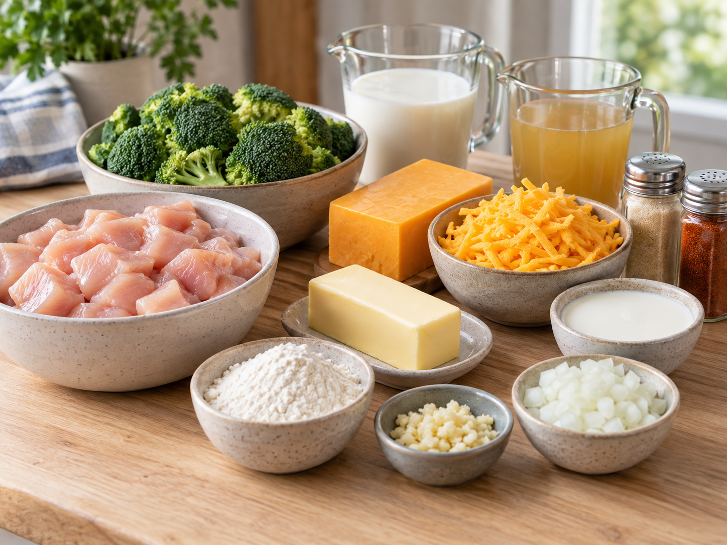 Raw chicken, broccoli, cheddar, flour, and buttermilk grouped on a wooden surface