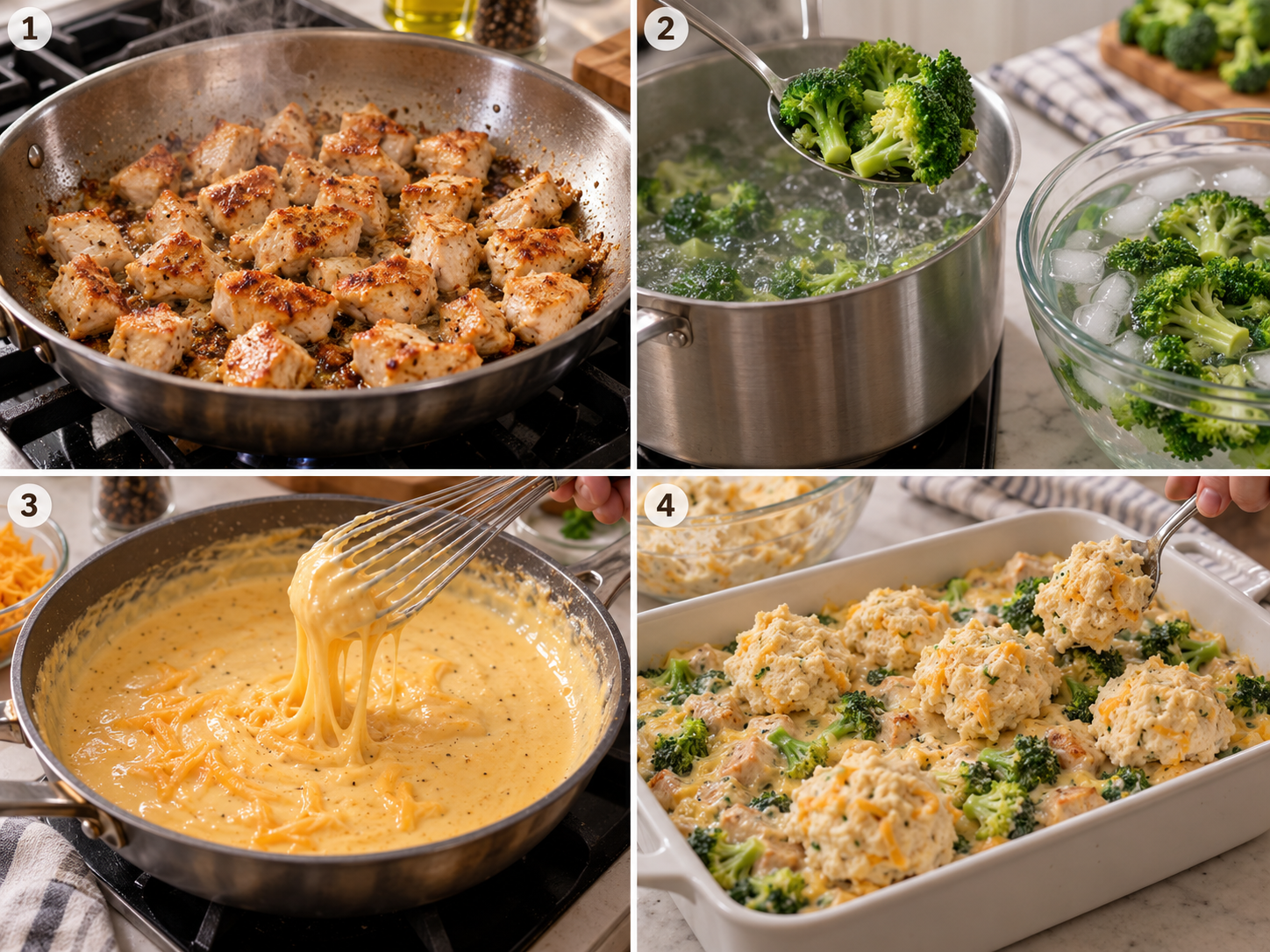 Four steps of making cheddar bay chicken broccoli bake from searing to topping with biscuit dough