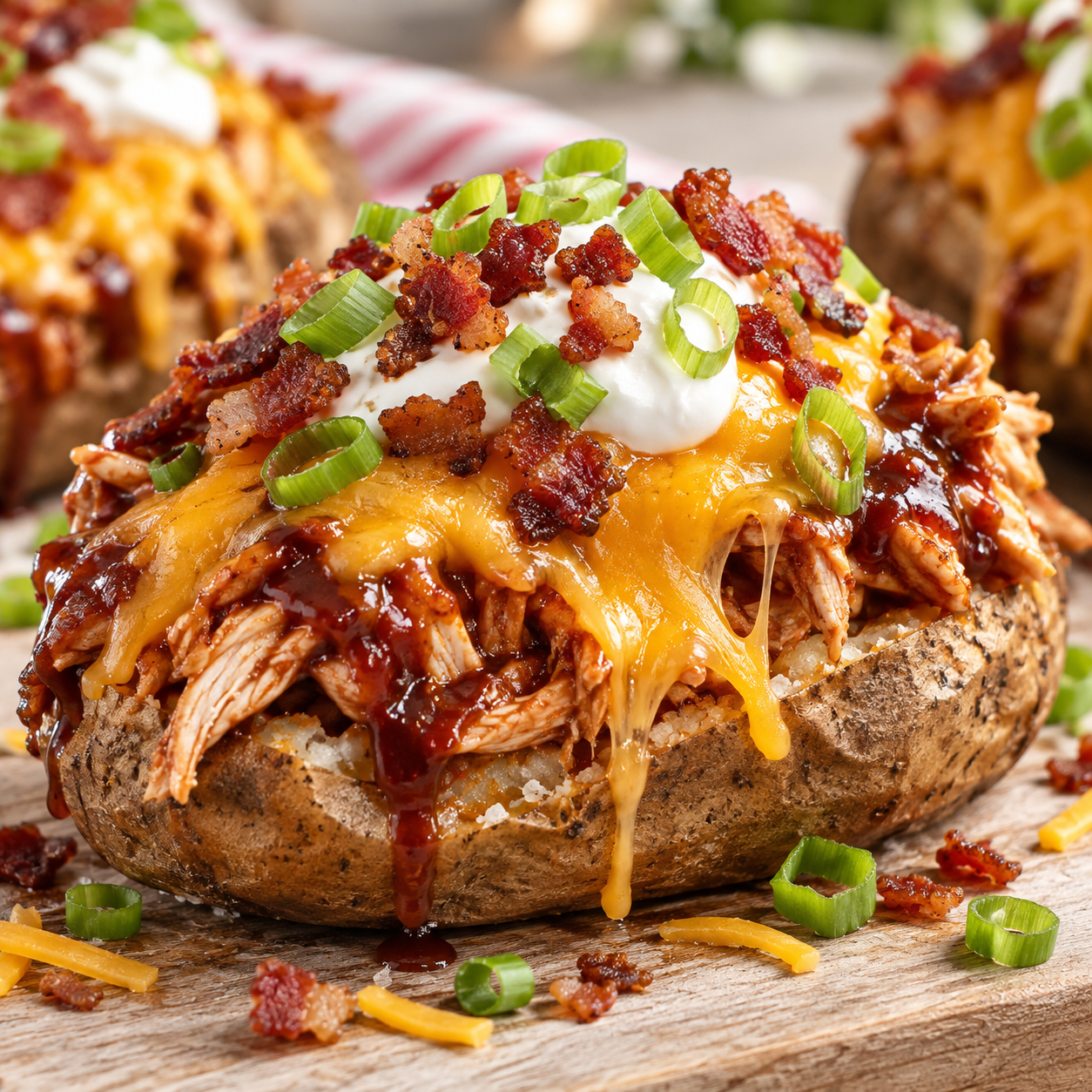 Baked potato stuffed with BBQ chicken, melted cheddar, bacon, and sour cream