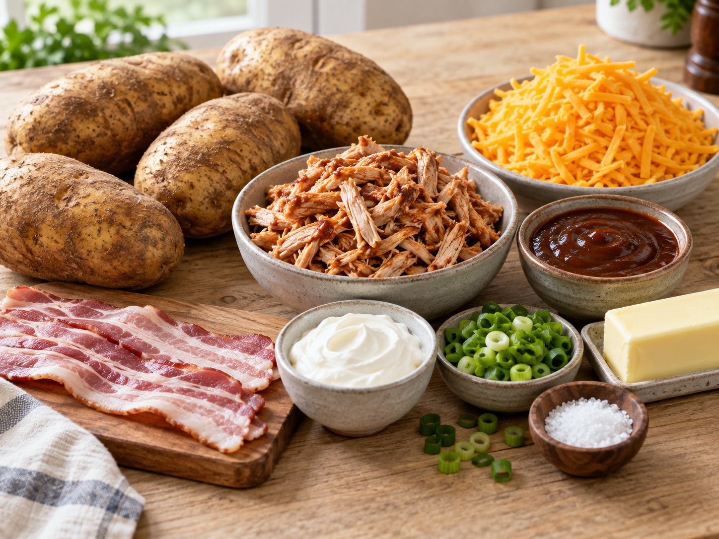 Raw russet potatoes, shredded chicken, barbecue sauce, cheddar, and bacon on a counter