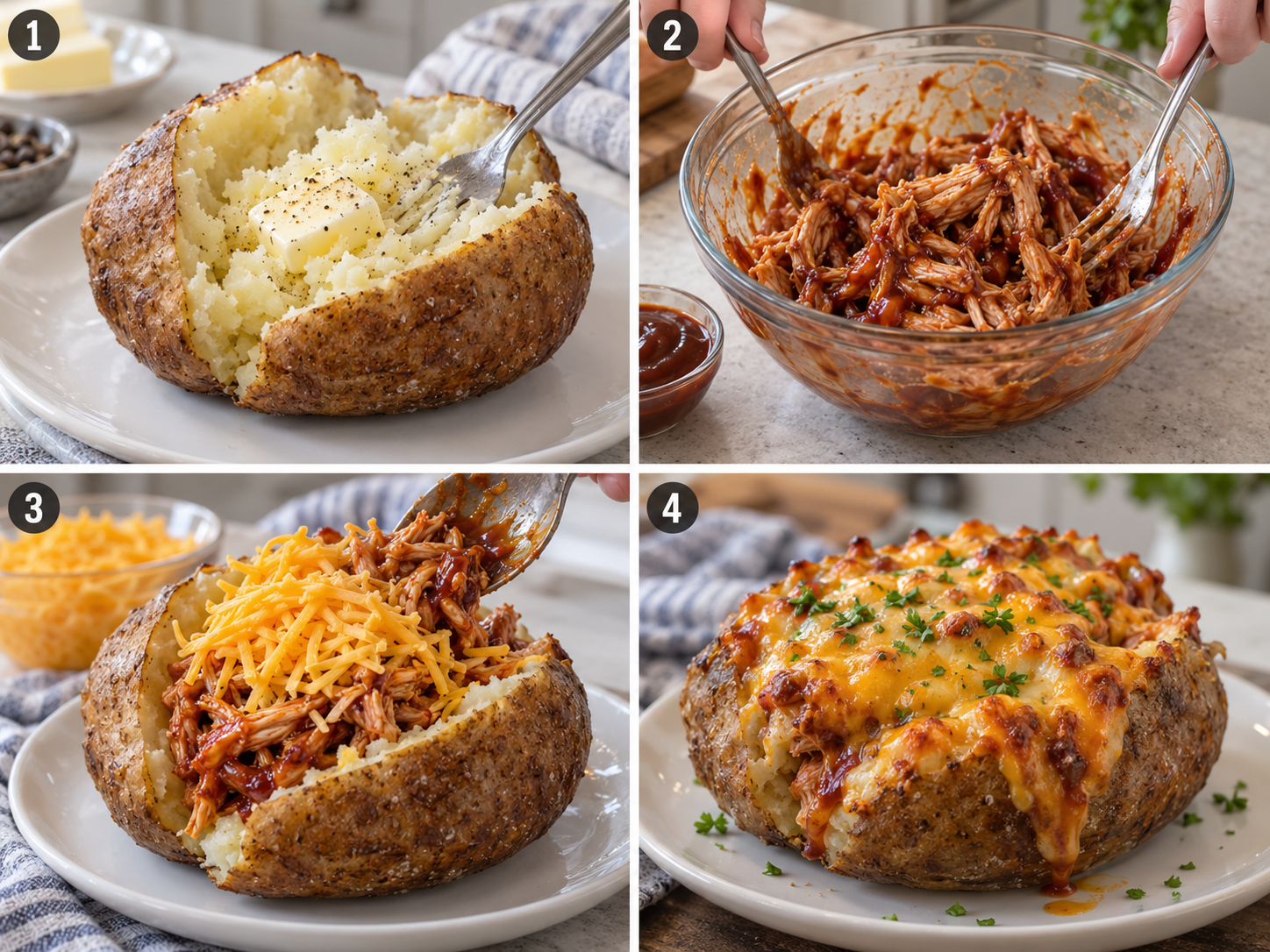 Four steps of making cheesy BBQ chicken potatoes from baking to melting cheese