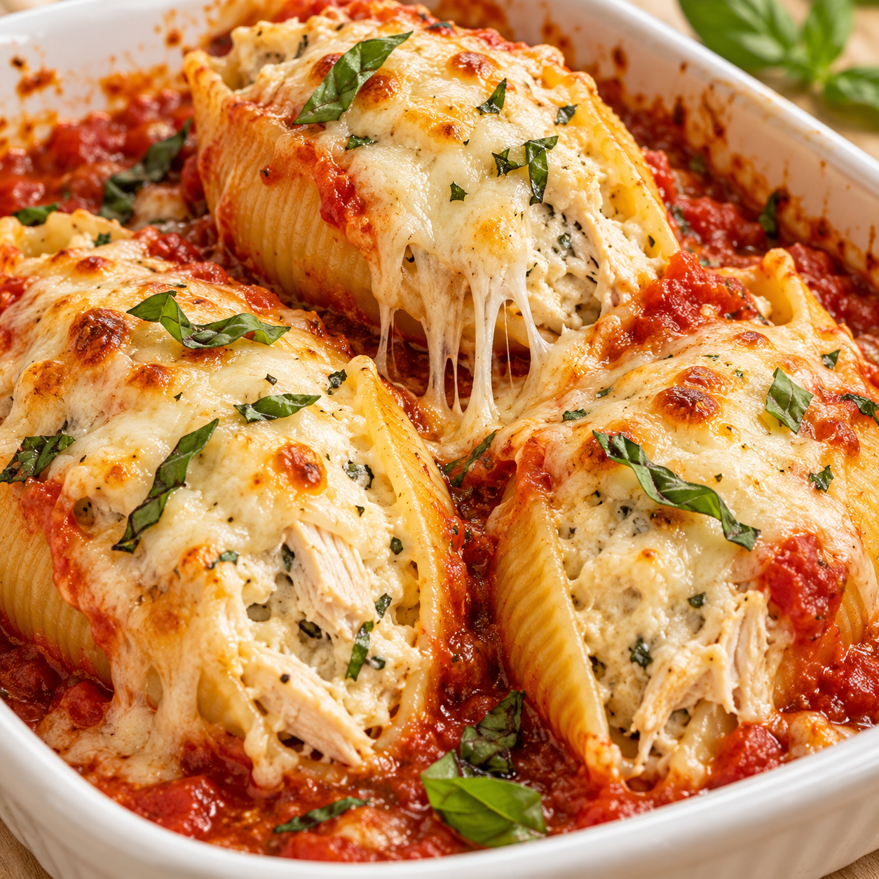 Cheesy chicken stuffed shells in marinara sauce topped with melted mozzarella and basil