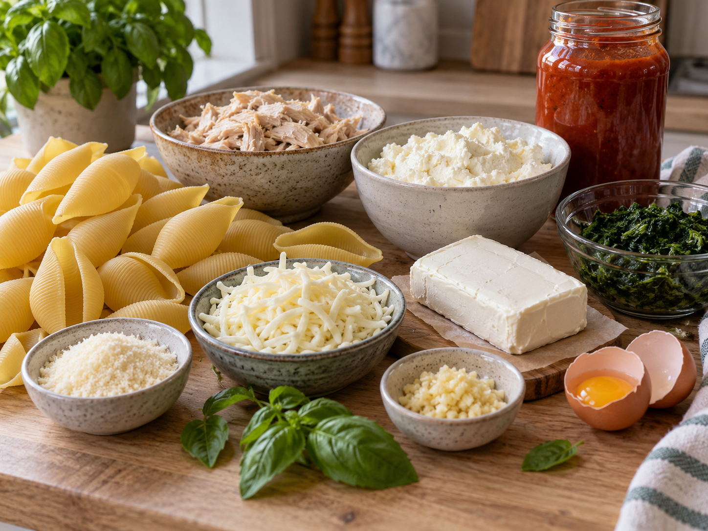 Raw ingredients for cheesy chicken stuffed shells including pasta shells, ricotta, chicken, and marinara