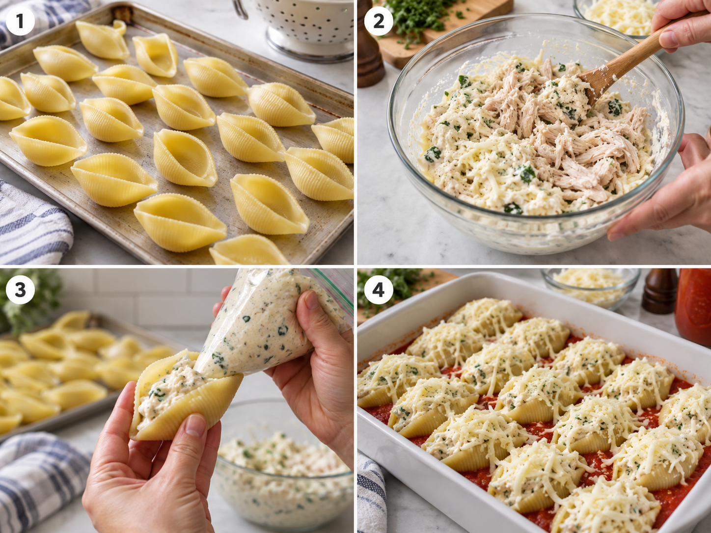 Four steps of making cheesy chicken stuffed shells from boiling to piping filling and assembling