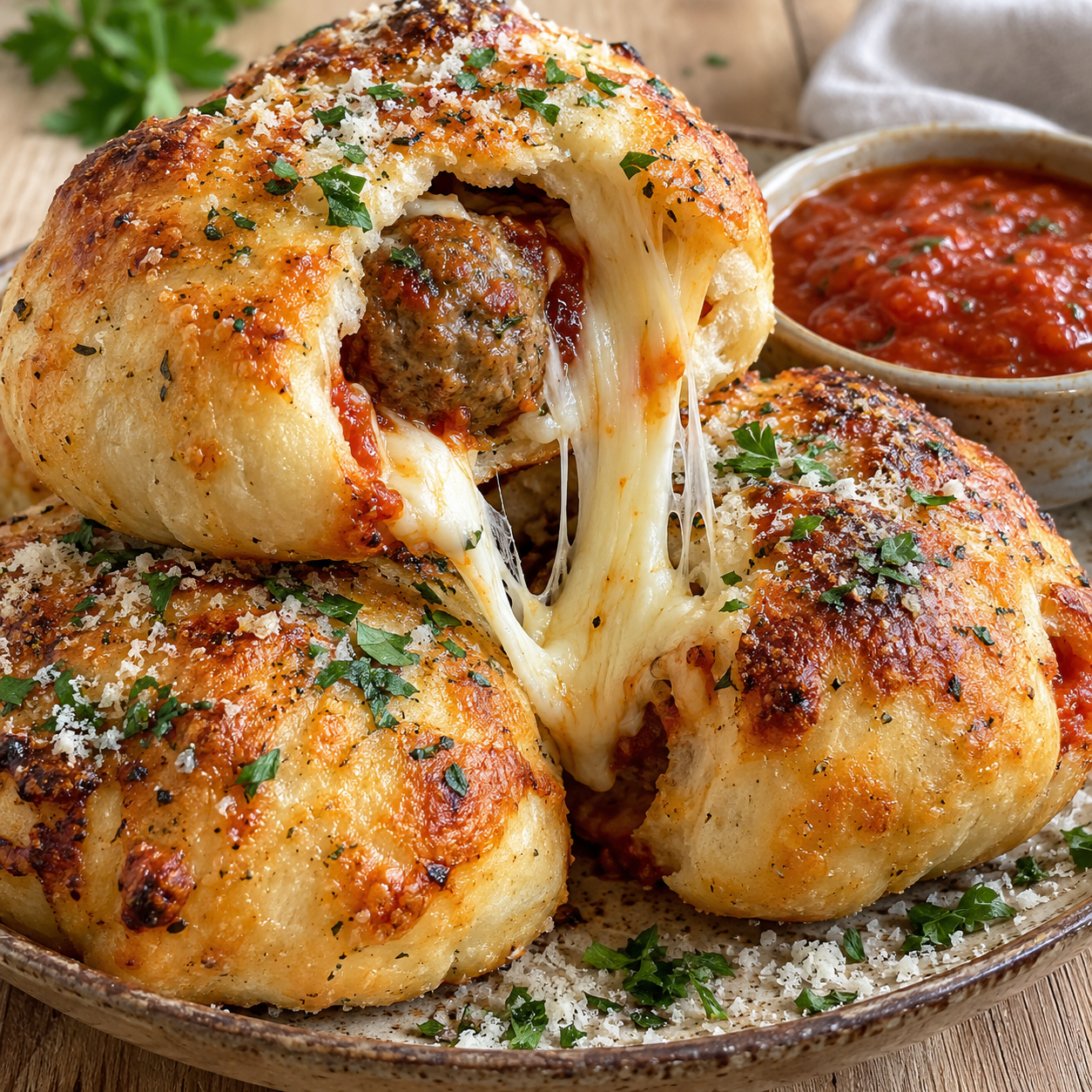 Golden baked meatball roll-ups with melted mozzarella and marinara dipping sauce