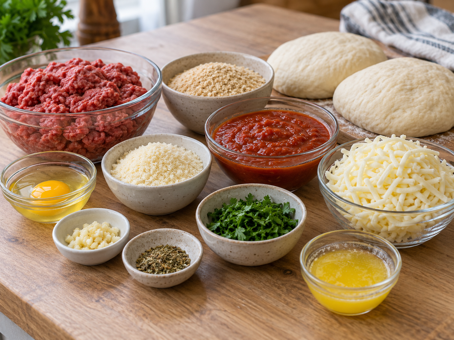 Raw ground beef, pizza dough, mozzarella, and marinara ingredients for meatball roll-ups