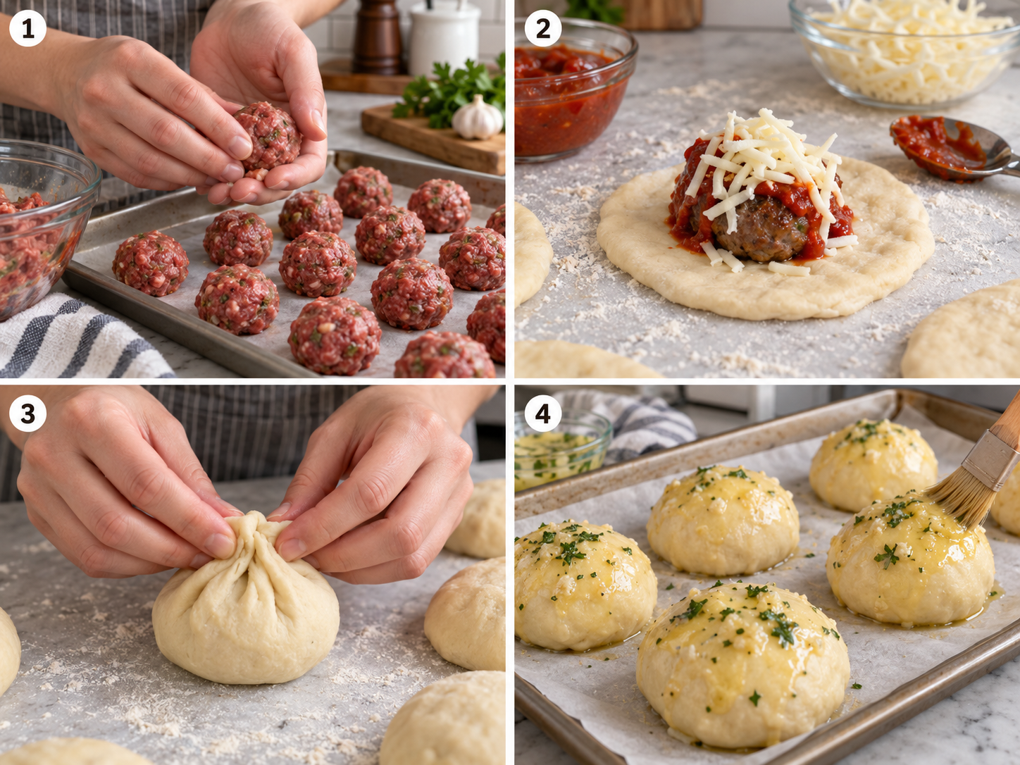 Four steps of shaping, filling, sealing, and arranging meatball roll-ups before baking