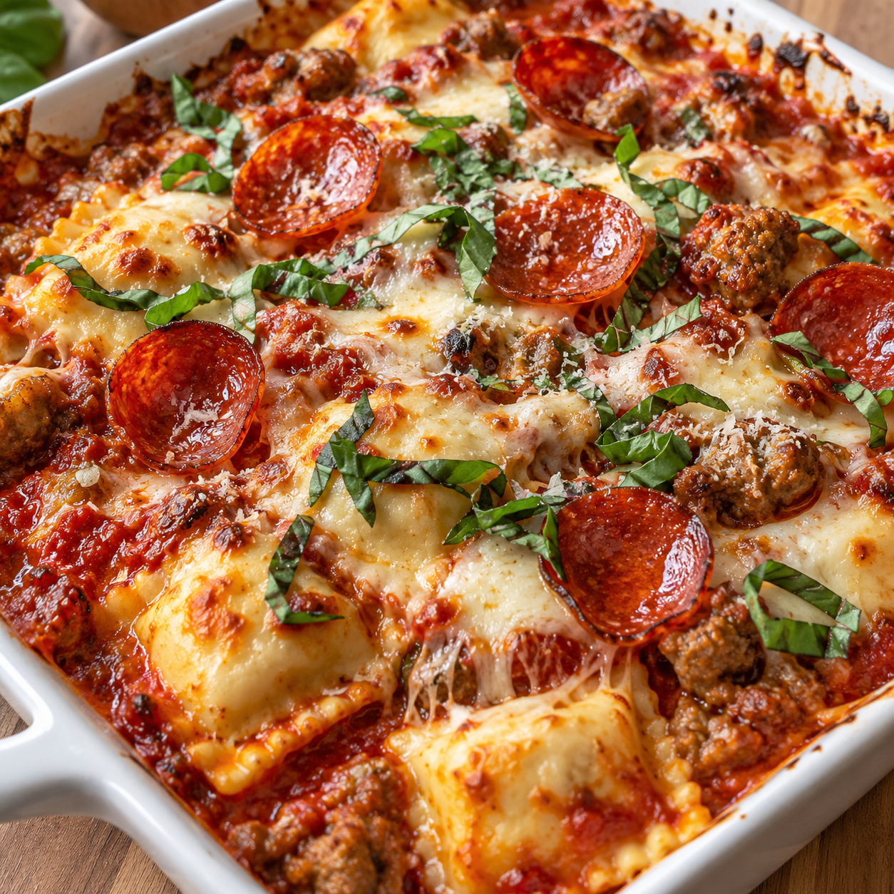 Cheesy pizza ravioli bake with pepperoni, sausage, mozzarella, and basil