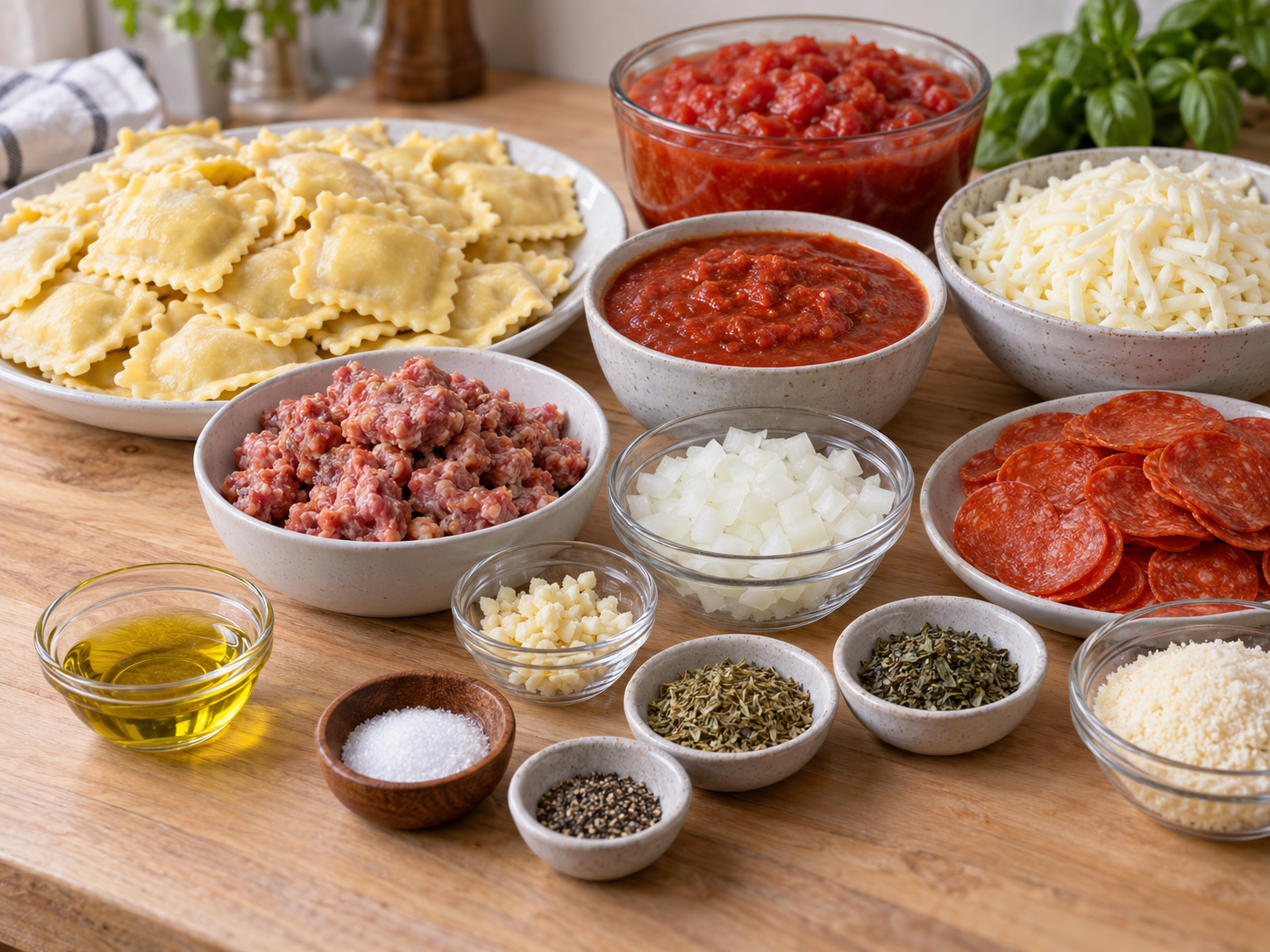 Ingredients for cheesy pizza ravioli bake arranged on a wooden surface