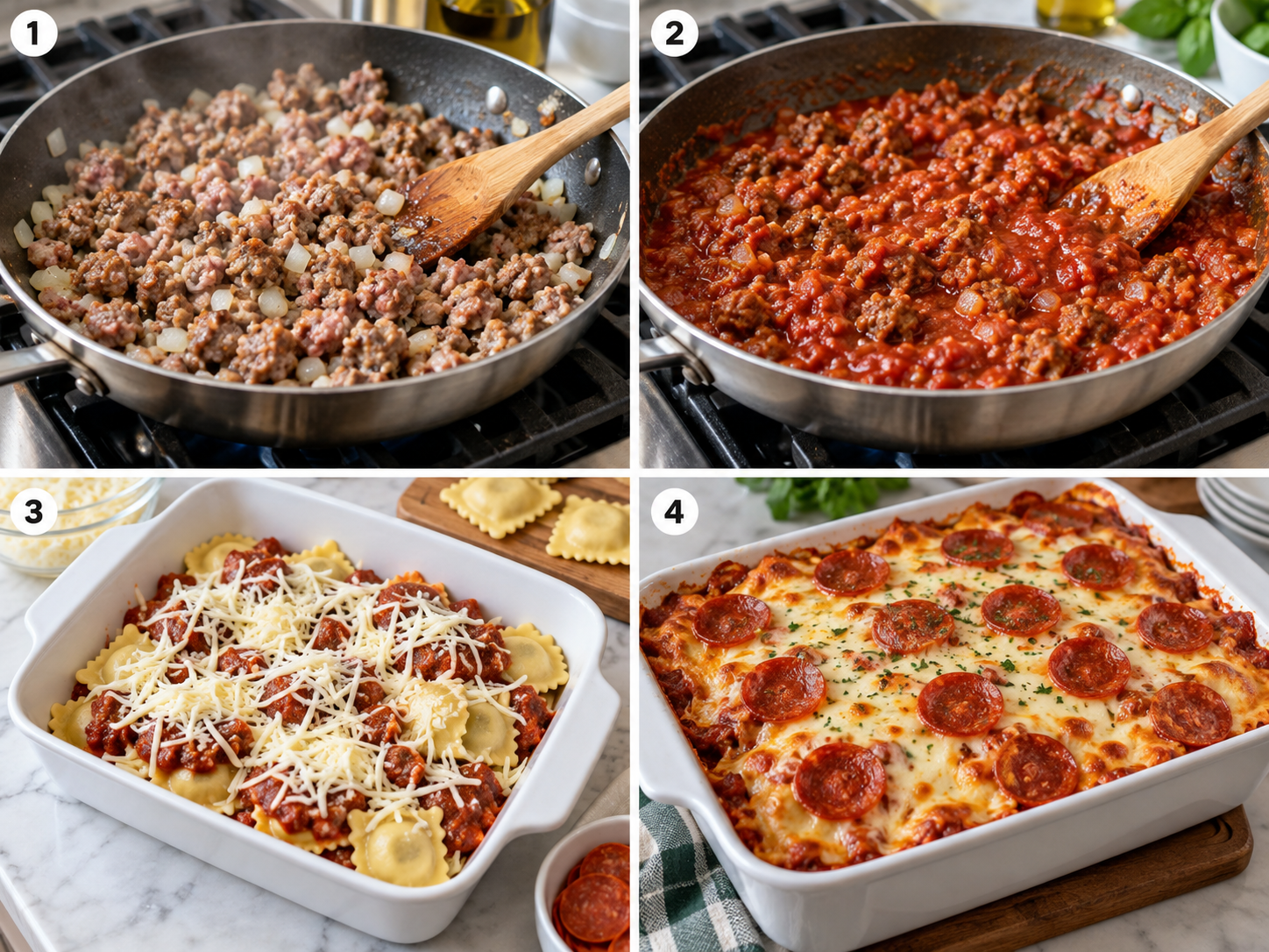 Four cooking steps for layering and baking pizza ravioli casserole
