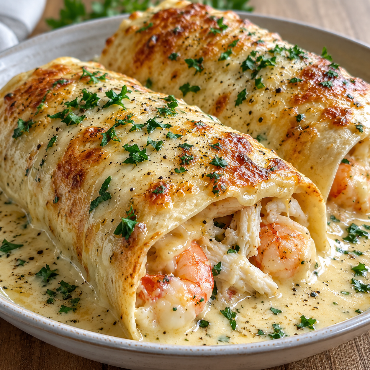 Baked seafood tortilla bombs with shrimp and crab in garlic parmesan sauce
