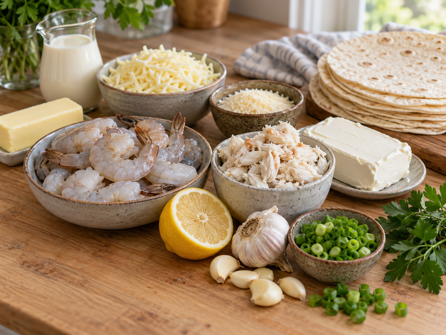 Raw shrimp, crab meat, cheeses, tortillas, and cream for a seafood bake