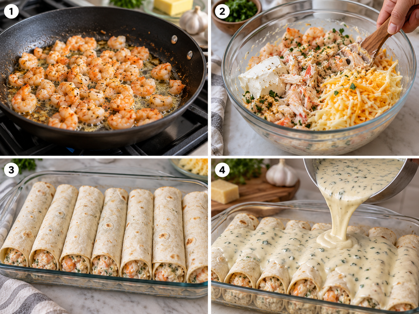Four steps of making seafood tortilla bombs from searing shrimp to saucing
