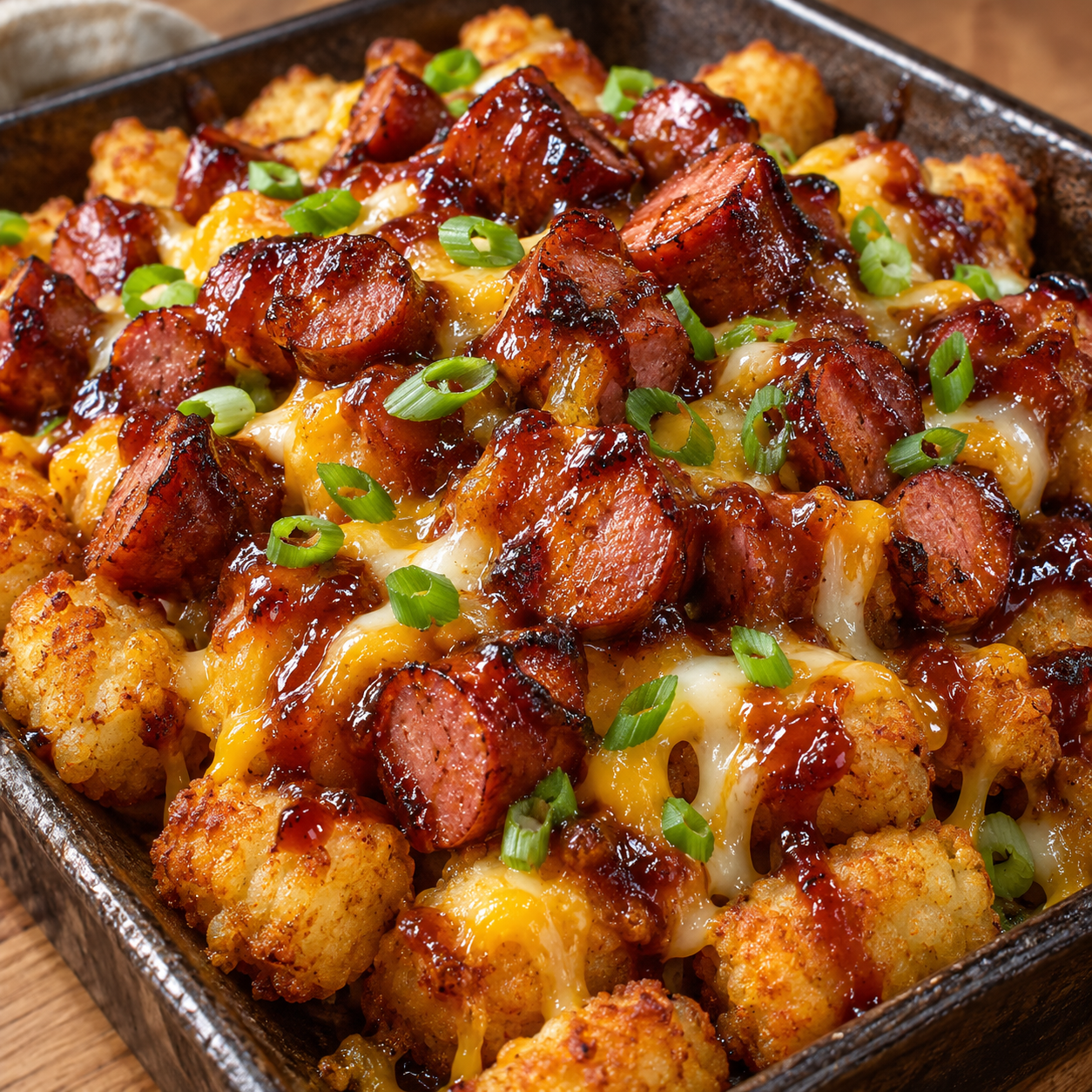 Cheesy baked tater tots topped with barbecue sausage and green onions