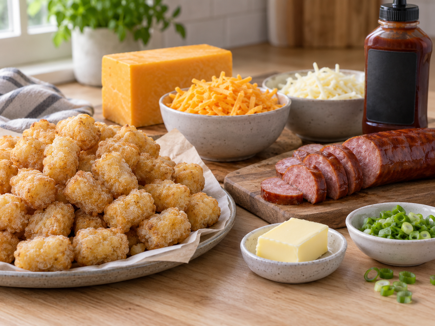 Raw tater tots, smoked sausage, shredded cheese, and barbecue sauce ingredients