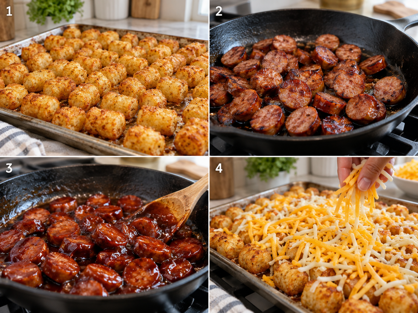 Four steps of making cheesy tater tots with barbecue sausage from baking to glazing