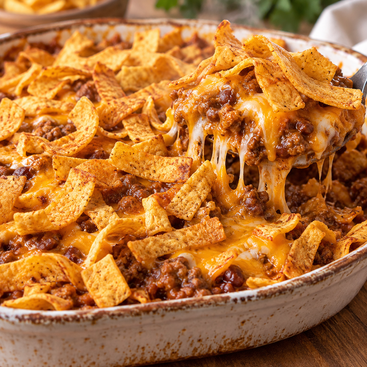 Chili cheese Frito bake with melted cheddar and crunchy corn chips in a baking dish