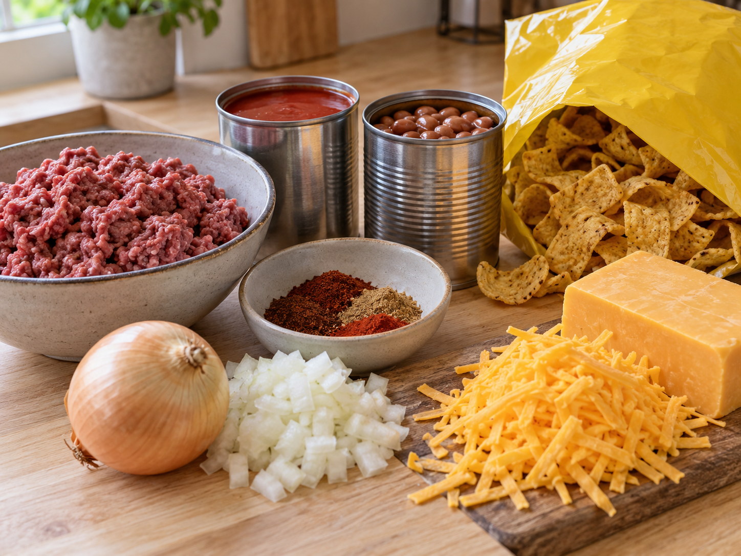 Raw ground beef, onion, chili spices, corn chips, and shredded cheddar on a wood surface