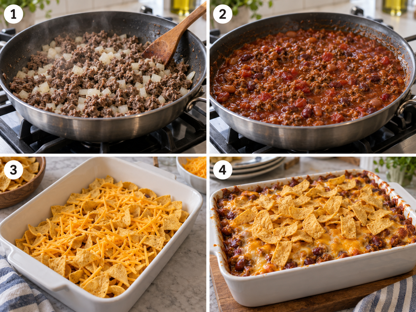 Four steps of making chili cheese Frito bake from browning beef to the baked casserole