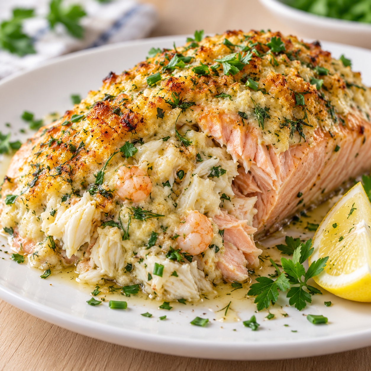 Baked salmon fillet stuffed with crab and shrimp, topped with garlic butter and parsley