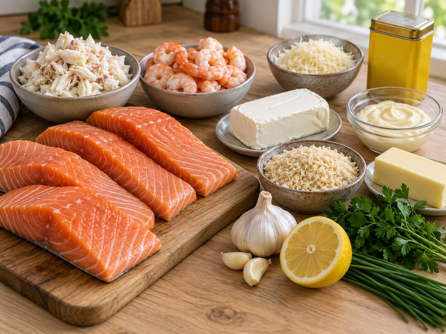 Raw salmon fillets, crab meat, shrimp, cream cheese, and herbs for stuffed salmon