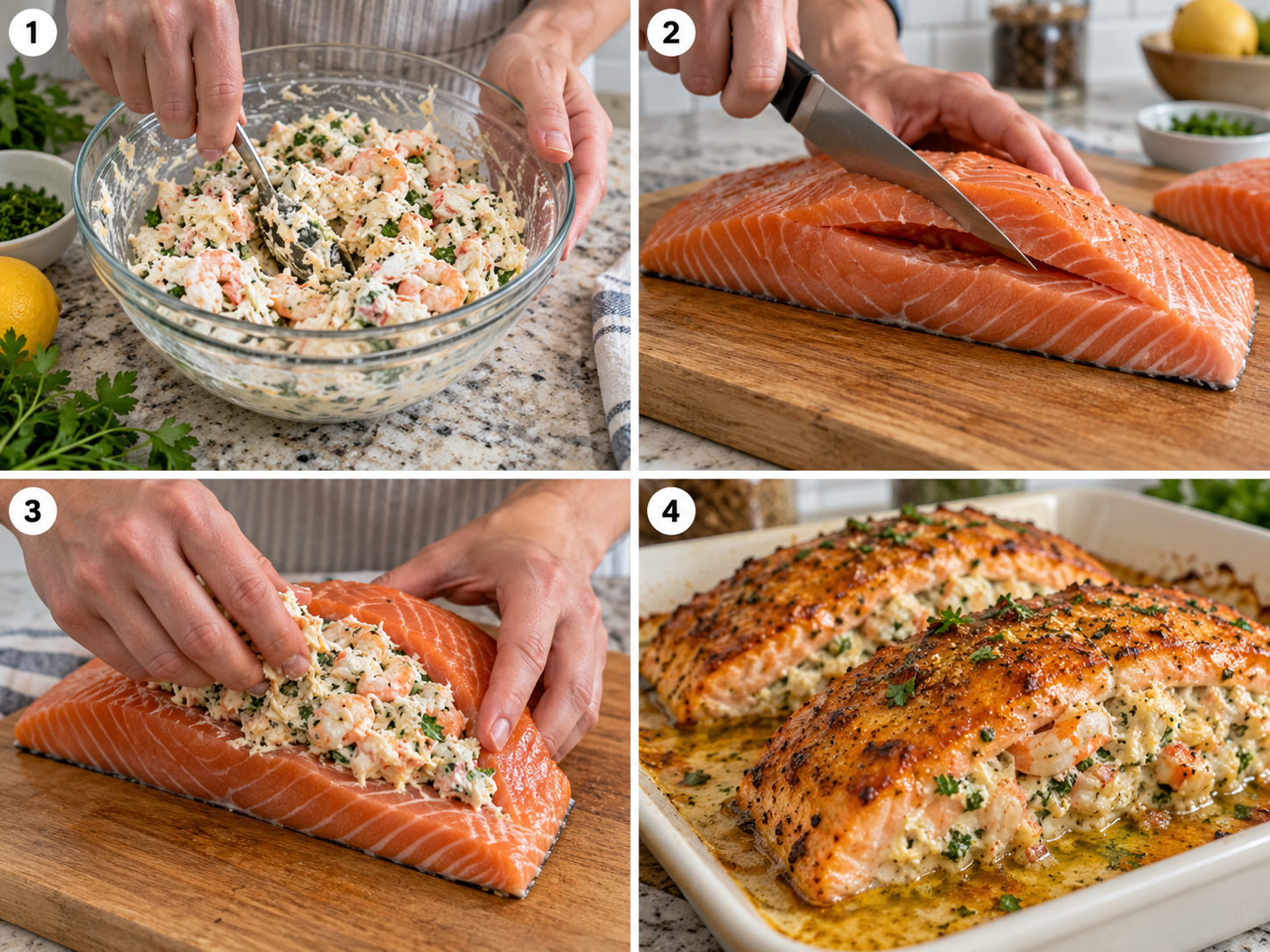 Four steps of making crab and shrimp stuffed salmon from mixing filling to baking