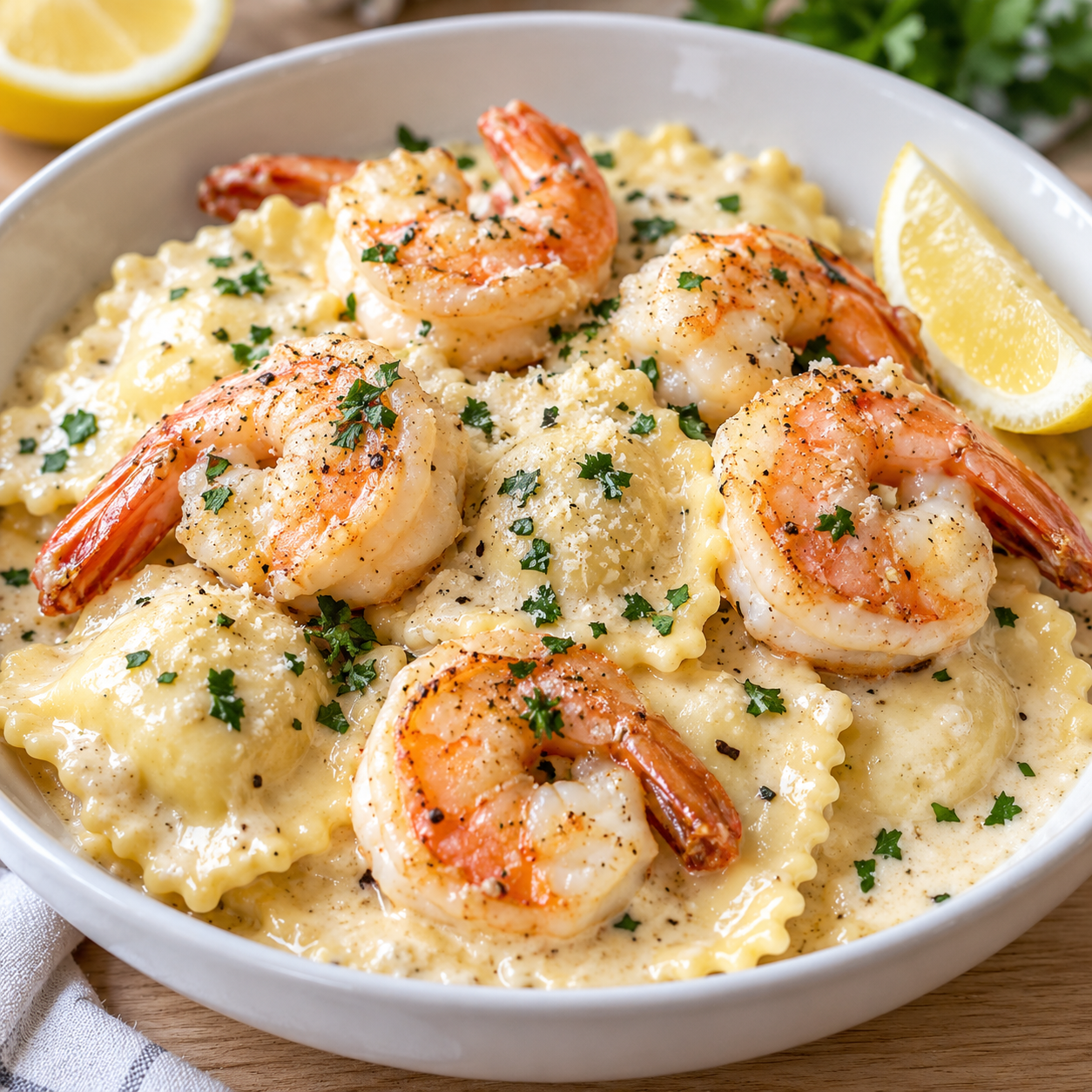 Creamy shrimp parmesan ravioli with seared shrimp and parsley in a shallow bowl