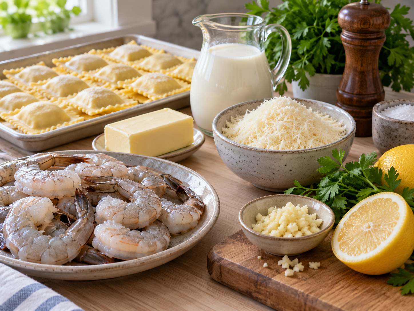 Raw shrimp, cheese ravioli, parmesan, cream, and garlic on a wooden board
