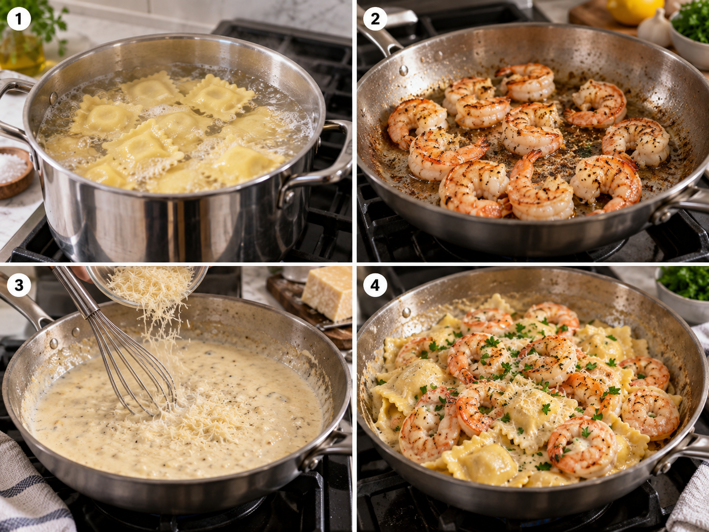Four steps of making creamy shrimp parmesan ravioli from boiling to tossing in sauce