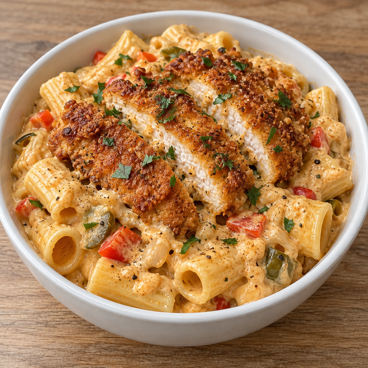 Crispy Cajun chicken cutlet sliced over creamy Parmesan rigatoni with bell peppers