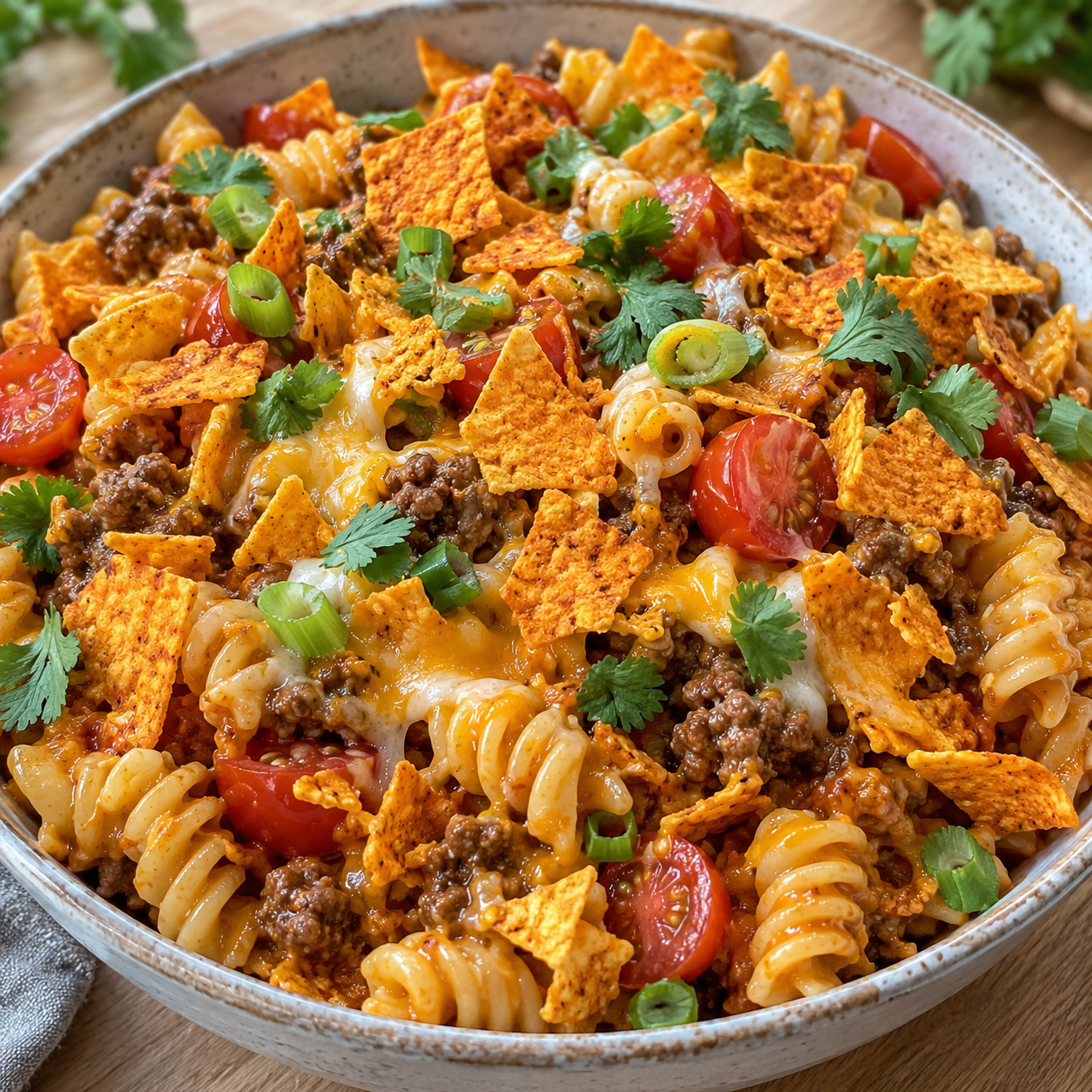 Dorito taco pasta salad with seasoned beef, cheese, tomatoes, and crushed tortilla chips