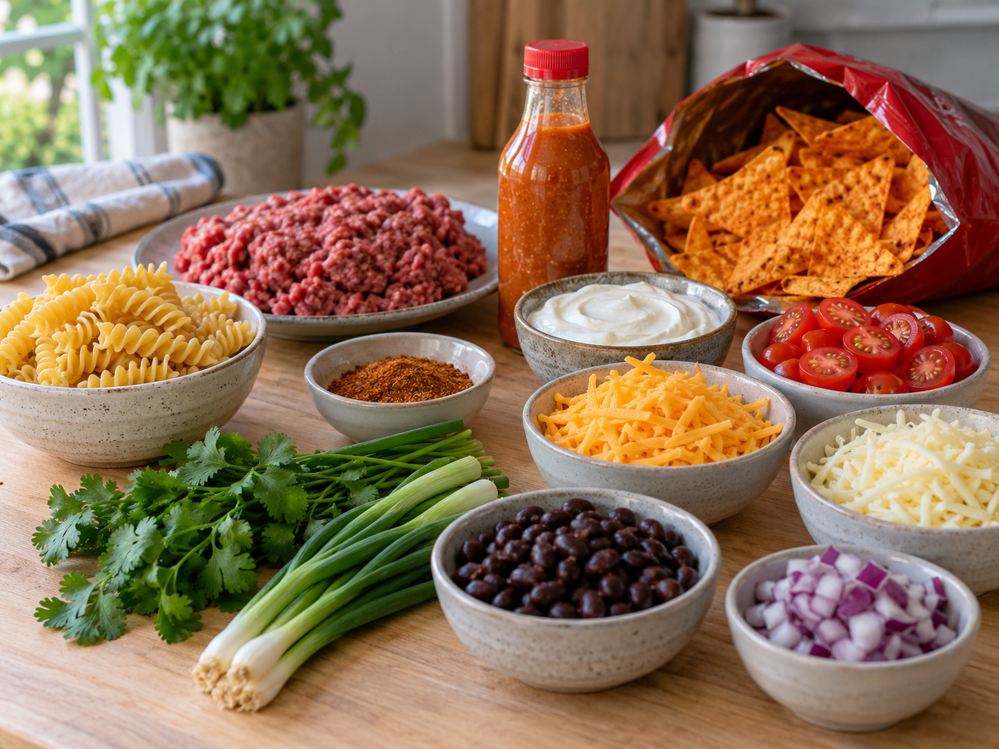 Raw ingredients for Dorito taco pasta salad including pasta, beef, cheese, and tortilla chips
