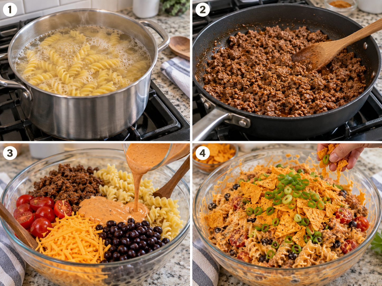 Four steps of making Dorito taco pasta salad from boiling pasta to folding in chips