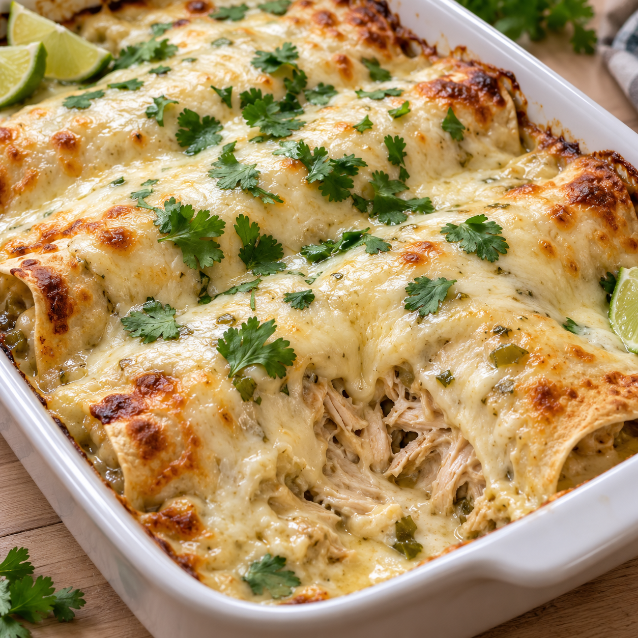 Queso chicken enchiladas with melted cheese, cilantro, and lime