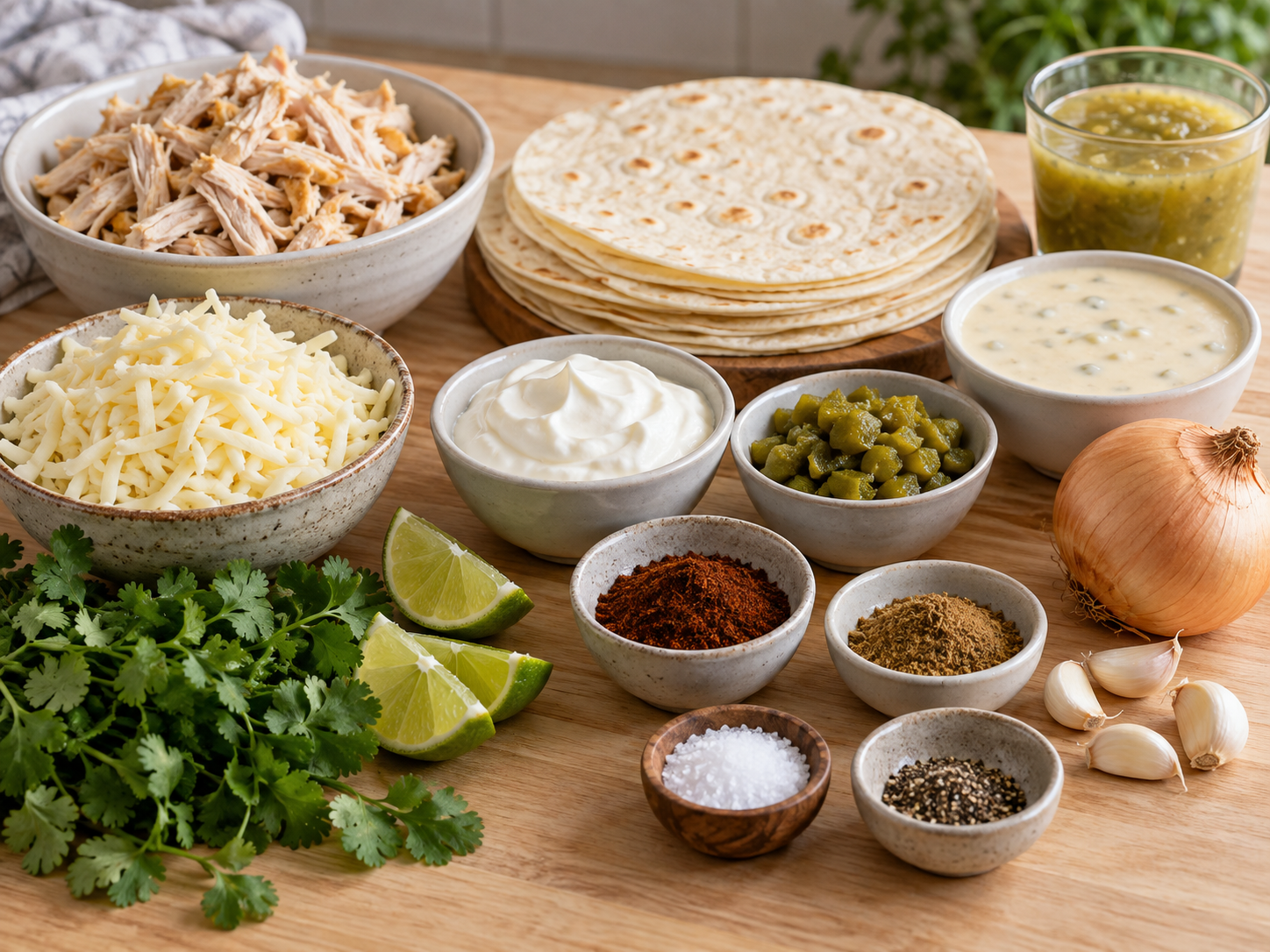 Ingredients for queso chicken enchiladas with tortillas, chicken, queso, and chiles