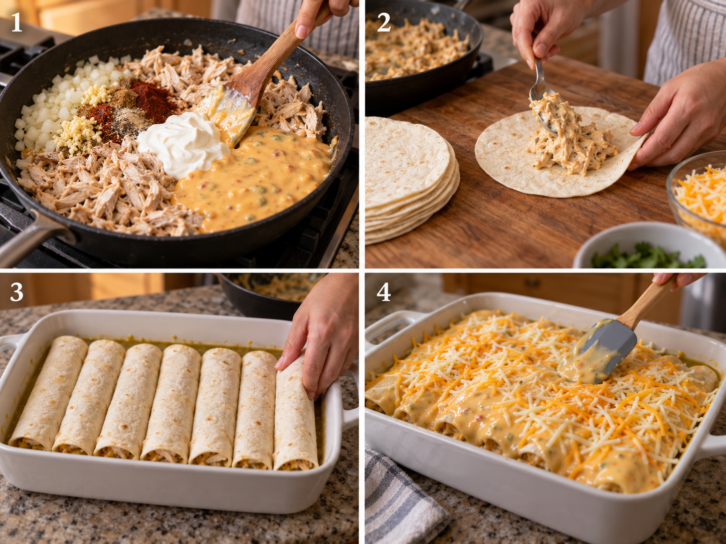 Four steps for filling, rolling, saucing, and topping queso chicken enchiladas