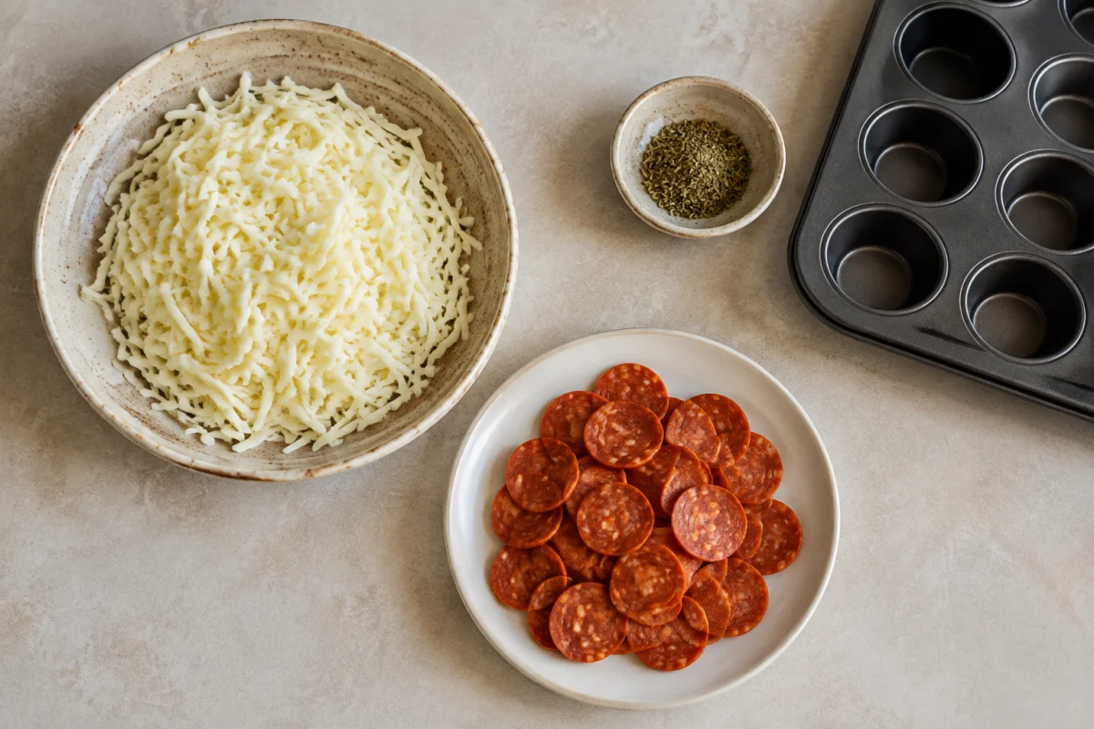 Shredded low-moisture mozzarella, mini pepperoni, Italian seasoning, and a mini muffin pan for pizza chips
