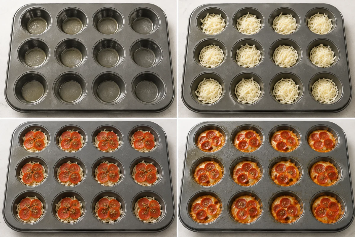 Four stages showing a greased mini muffin pan, mozzarella added, pepperoni arranged, and golden baked pizza chips