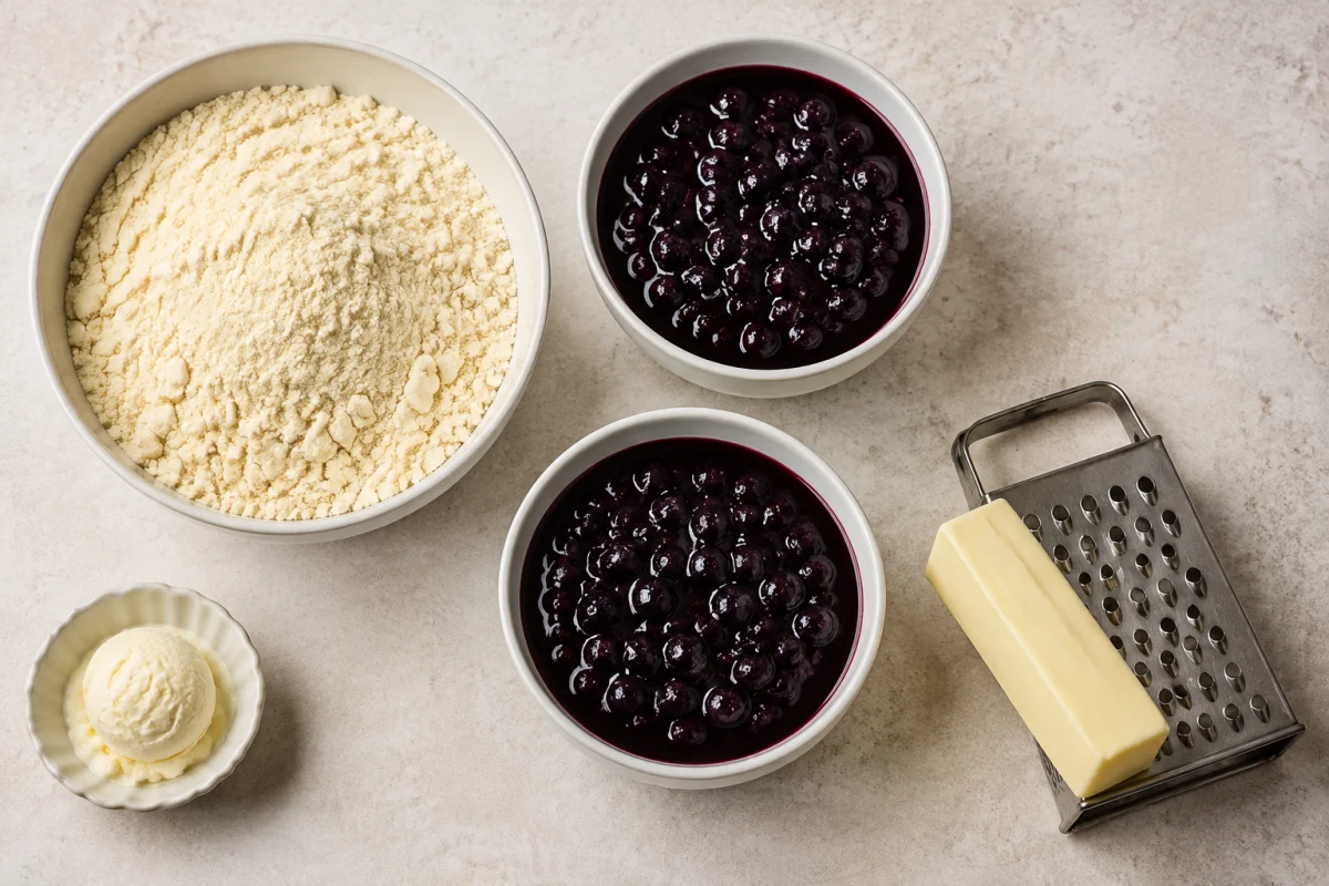 Three ingredients for blueberry cobbler including yellow cake mix, two portions of blueberry pie filling, and a cold stick of butter