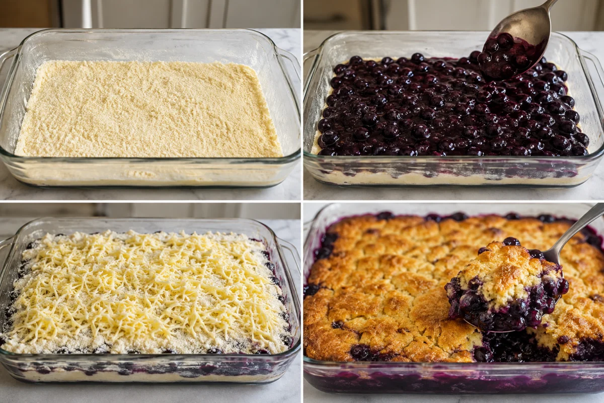 Four stages showing dry cake mix spread in a dish, blueberry pie filling added, remaining mix topped with grated butter, and golden blueberry cobbler baked