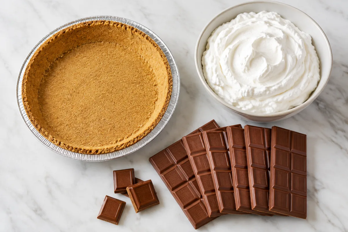 Three ingredients for no-bake chocolate pie: a graham cracker crust, thawed whipped topping, and plain segmented milk chocolate bars