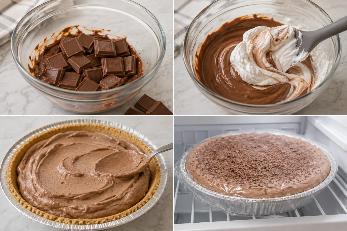 Four stages showing milk chocolate melting, whipped topping folded into chocolate, mousse spread in a graham crust, and the covered pie chilling in a refrigerator