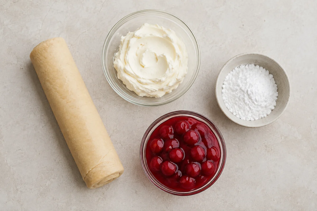 Four ingredients for cherry Danish including refrigerated crescent dough, cream cheese, powdered sugar, and cherry pie filling