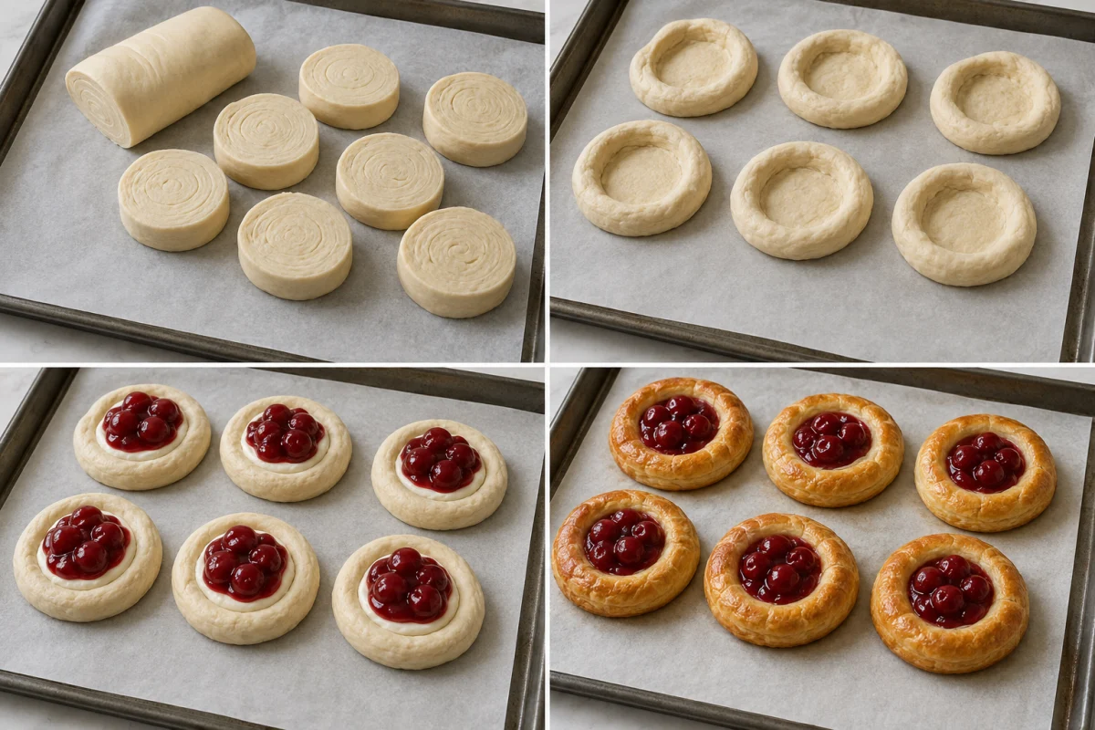 Four stages showing crescent dough sliced into rounds, rounds shaped with wells, cream cheese and cherries added, and Danish pastries baked golden