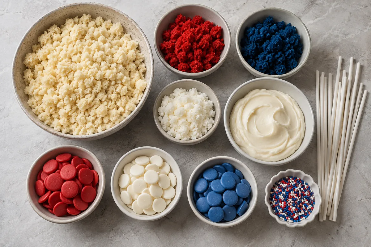Ingredients for 4th of July cake pops with red, white, and blue cake crumbs, vanilla frosting, candy melts, sticks, and sprinkles