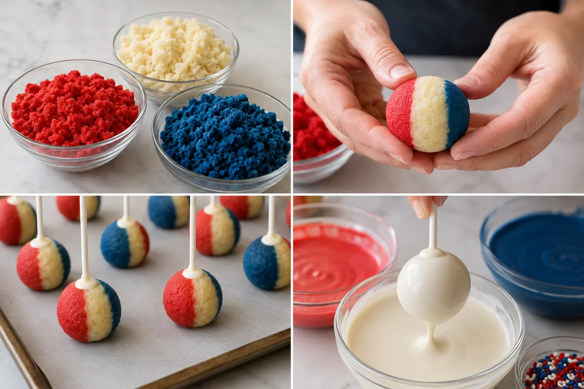 Four stages for 4th of July cake pops: colored cake crumbs, a tricolor ball, chilled pops on sticks, and dipping in candy coating